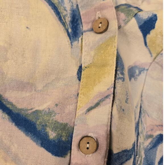 Cupio Linen Blend Button Down Top Roll Tab Sleeve V-Neck Abstract Blouse 2X - Picture 7 of 11